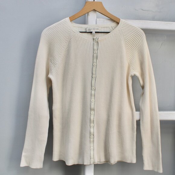 Jones New York VTG Y2K Cream Cotton Ribbed Button Cardigan Sweater Size Large - Picture 4 of 8